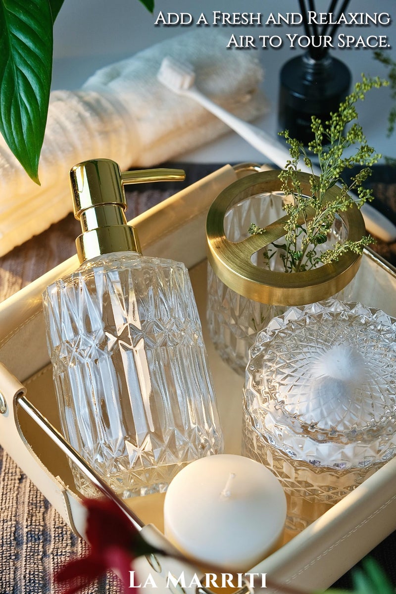 LaMarriti Glass Bathroom Accessories Set  5pcs Crystal Clear Bathroom Accessories  Toothbrush Holder Set  Lotion Dispenser  Soap Dish  Tumbler  Qtips Holder  Vintage Bathroom Decor - Image 3